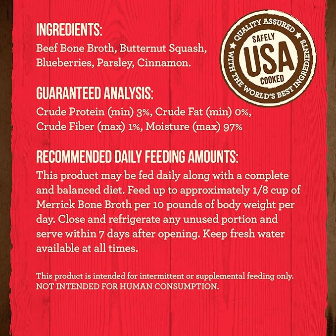 Merrick Grain Free Bone Broth, Premium Human Grade And Gluten Free Dog And Cat Food Topper Pouches, Beef - 7 oz. Pouch