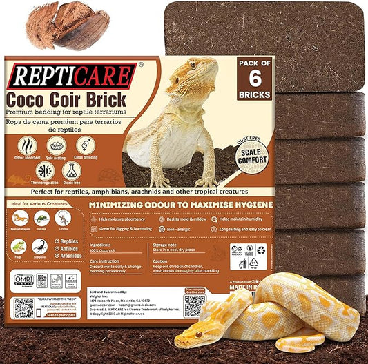 ReptiCare Coconut Coir Brick Compressed 1.4 lb Brick 6-Pack - Expands to 60 Quarts, Coconut Fiber Bedding for Ball Pythons, Bearded Dragons, Lizards, Tortoises, Hermit Crabs, Bioactive Terrariums