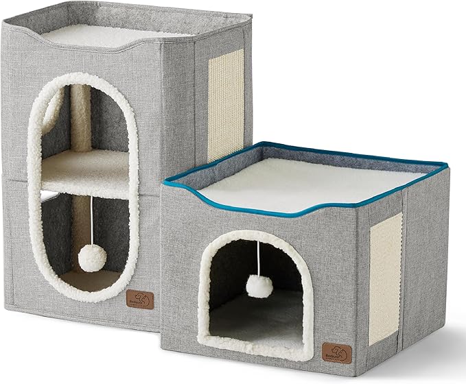 Bedsure 2-Level Cat House for Indoor Cats - Small Cat Towers with Scratch Pad and Hideaway Condo, Cat Cave Bed Furniture for Multi Pets and Large Cats, 18x14x23 inches, Grey