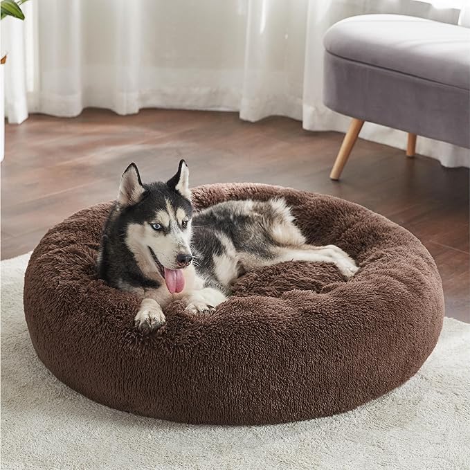 Bedsure Calming Dog Bed for Large Dogs - Donut Washable Large Pet Bed, 36 inches Anti-Slip Round Fluffy Plush Faux Fur Dog Bed, Fits up to 100 lbs Pets, Coffee