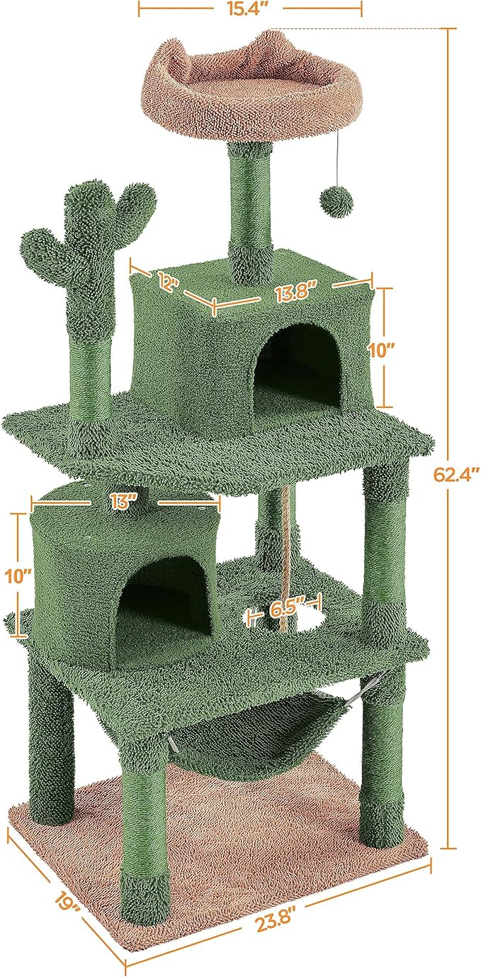 Yaheetech 62in Cactus Cat Tree Multi Level Cat Tower Activity Center Large Cat Condo w/Scratching Posts & Hammock & Dangling Ball, Cat Furniture for Indoor Cats