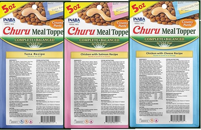 INABA Churu for Dogs, Grain-Free, Lickable, Squeezable Creamy Purée Dog Treat/Topper with Vitamin E, 1.69 Ounces Each Tube, 18 Tubes Total (3 per Pack) (3 Flavor Variety)