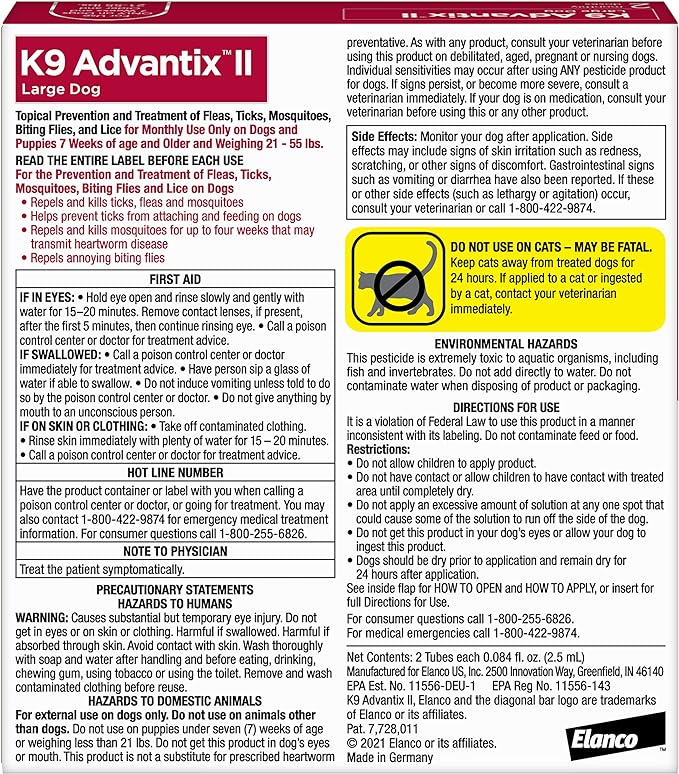 K9 Advantix II Large Dog Vet-Recommended Flea, Tick & Mosquito Treatment & Prevention | Dogs 21-55 lbs. | 2-Mo Supply