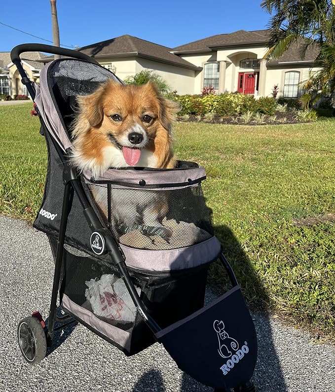 ROODO Escort 3Wheel Dog Stroller Cat Stroller Pet Stroller for Small Dogs and Cats,with Removable Liner Storage Basket and Cup Holder,Lightweight Pet Gear Foldable Jogger Travel System(Grey)