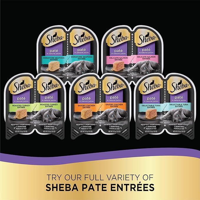 Sheba Wet Food PERFECT PORTIONS Paté Adult Wet Cat Food Trays (24 Count, 48 Servings), Delicate Salmon Entrée, Easy Peel Twin-Pack Trays , 1.32 Ounce (Pack of 48)