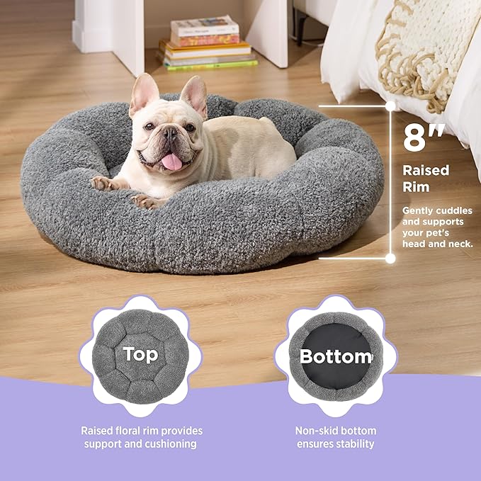 Lesure Calming Medium Dog Bed - Flower Donut Round Fluffy Puppy Bed in Plush Teddy Sherpa, Non-Slip Cute Flower Cat Beds for Indoor Cats, Medium Pet Bed Fits up to 45 lbs, Machine Washable, Grey 30"
