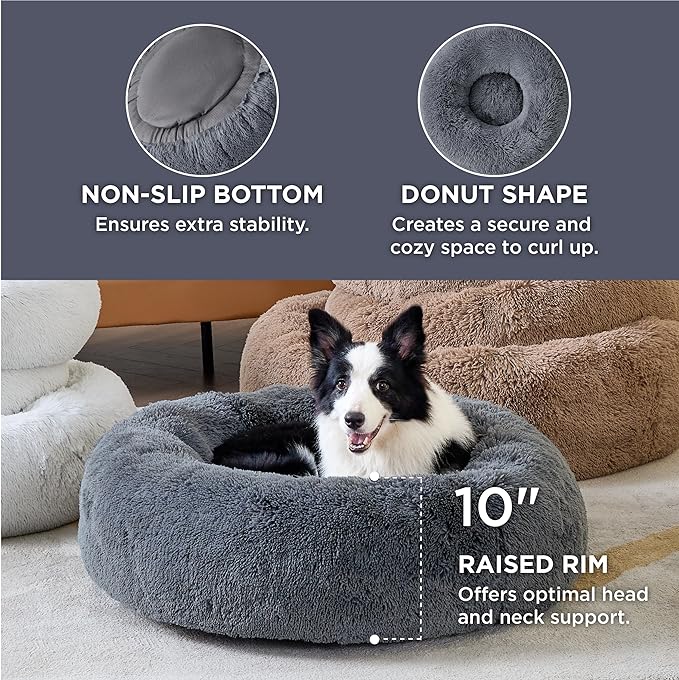 Bedsure Calming Dog Bed for Large Dogs - Donut Washable Large Pet Bed, 36 inches Anti Anxiety Round Fluffy Plush Faux Fur Dog Bed, Fits up to 100 lbs Pets, Dark Grey