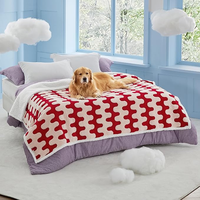 Lesure Waterproof Dog Blanket for Large Dogs - Washable Double Sided Dog Blankets with Warm Jacquard Shag and Soft Sherpa Fleece, Pet Cat blanket for Bed Protection, 3D Textured Wave, Red