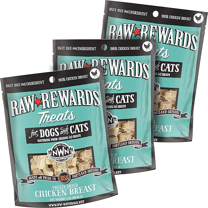 Northwest Naturals Raw Rewards Freeze-Dried Chicken Breast Treats for Dogs and Cats - Bite-Sized Pieces - Healthy, 1 Ingredient, Human Grade Pet Food, Natural - 3 Oz (Pack of 3) (Packaging May Vary)