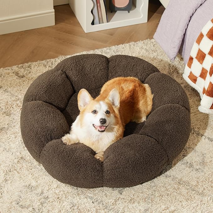 Lesure Calming Large Dog Bed - Flower Donut Round Fluffy Puppy Bed in Plush Teddy Sherpa, Non-Slip Cute Flower Dog Beds, Large Pet Bed Fits up to 100 lbs, Machine Washable, Espresso 36"