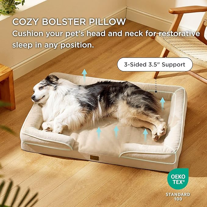 Bedsure Orthopedic Dog Bed for Extra Large Dogs - XL Washable Dog Sofa Beds Large, Supportive Foam Pet Couch Bed with Removable Washable Cover, Waterproof Lining and Nonskid Bottom, Light Khaki