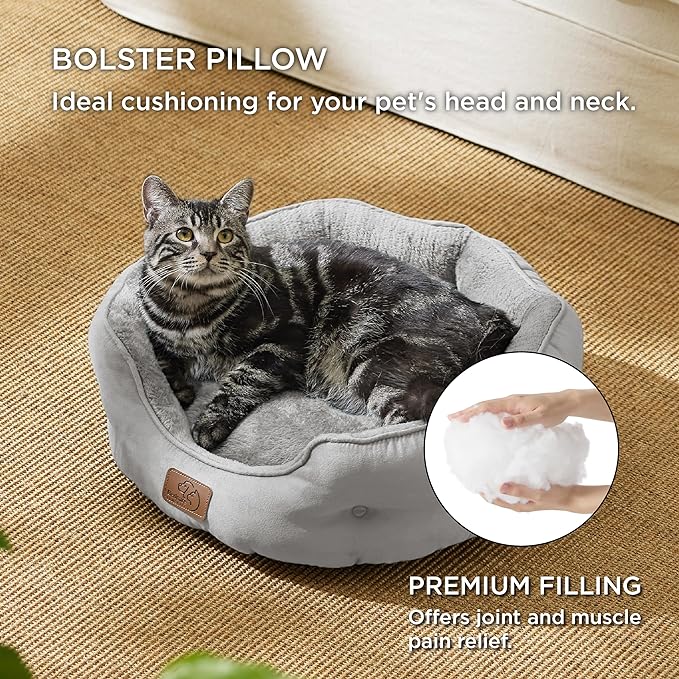 Bedsure Dog Beds for Small Dogs - Round Cat Beds for Indoor Cats, Washable Pet Bed for Puppy and Kitten with Slip-Resistant Bottom, 20 Inches, Pale Grey