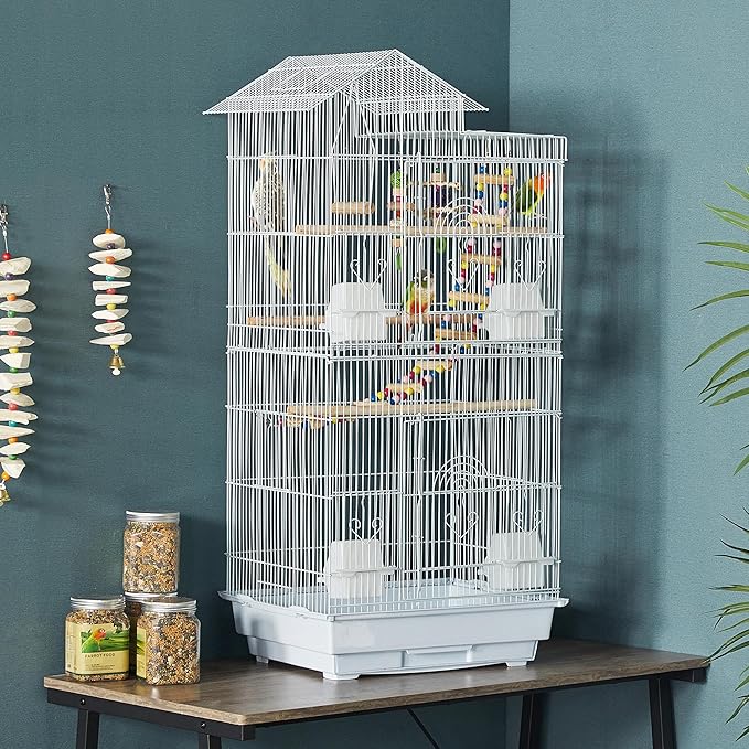 Yaheetech 39-inch Roof Top Medium Parakeet Bird Cages for Cockatiels Conures Finches Budgies Canaries Lovebirds Parakeets Green Cheek Small Birds Parrots, Travel Flight Birdcage w/Toys, White