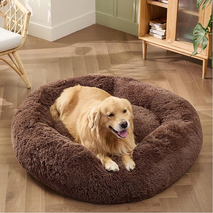 Bedsure Calming Dog Bed for Extra Large Dogs - Donut Washable Large Pet Bed, Anti-Slip Round Fluffy Plush Faux Fur Dog Bed, Fits up to 125 lbs Pets, Brown, 45 inches