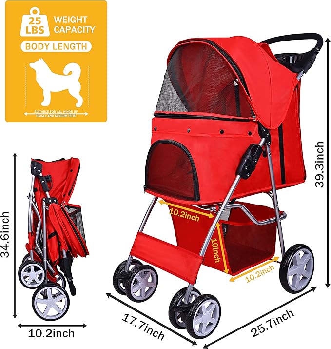 Pet Stroller, 4 Wheels Multifunction Dog Cat Stroller, Folding Portable Travel Stroller with Detachable Carrier, Suitable for Medium Small Dogs Cats, Red