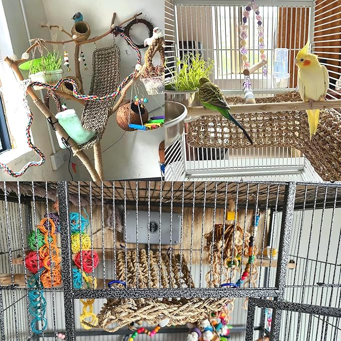 2Pcs Bird Seagrass Mat 20.5×8'' Natural Grass Woven Net Hammock Hanging on Cage Parakeet Climbing Rope Ladder Chew Toys for Lovebird Cockatiel Conure Budgie Cockatoo