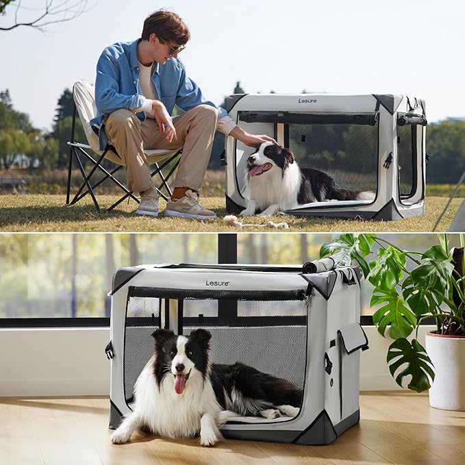 Lesure Collapsible Dog Crate - Portable Dog Travel Crate Kennel for Large Dog, 4-Door Pet Crate with Durable Mesh Windows, Indoor & Outdoor (Light Gray)