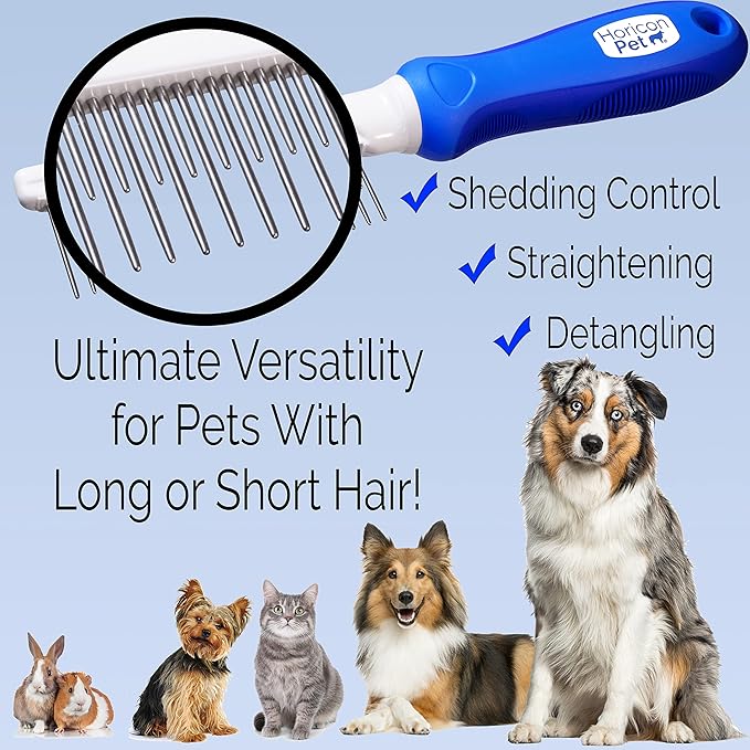 Detangling Dog Comb with Long & Short Stainless Steel Metal Teeth - Dogs, Cats & Small Animals for Removing Matted Fur, Knots & Tangles