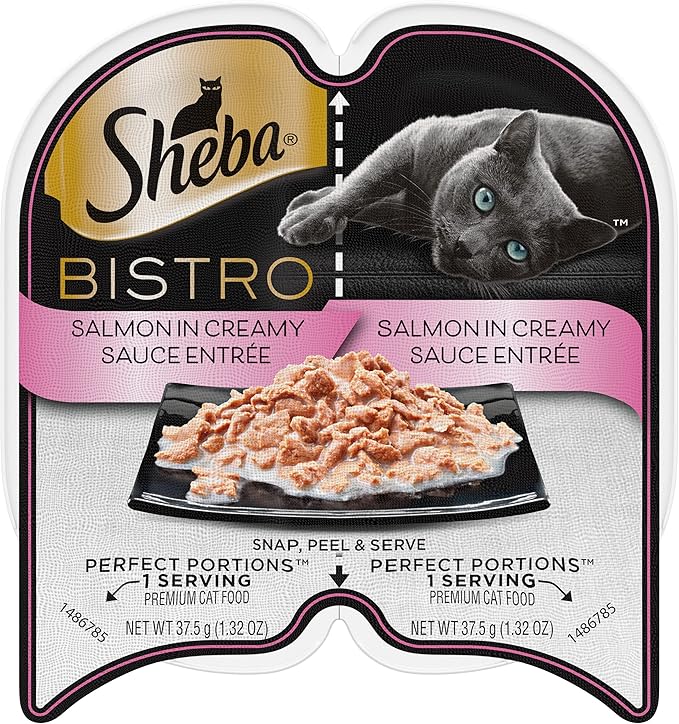 Sheba Perfect PORTIONS Bistro Wet Cat Food Trays (24 Count, 48 Servings), Salmon in Creamy Sauce Entrée, Easy Peel Twin-Pack Trays