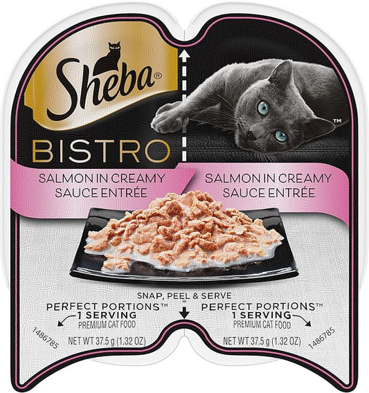 Sheba Perfect PORTIONS Bistro Wet Cat Food Trays (24 Count, 48 Servings), Salmon in Creamy Sauce Entrée, Easy Peel Twin-Pack Trays