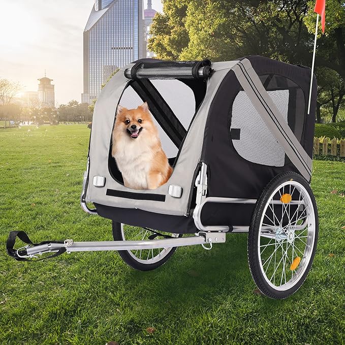 Bike Dog Trailer Folding Cart Frame with 3 Entrances Safety Flag 8 Reflectors, 20" Rear Wheels, Quick Conversion Bicycle Carrier for Medium Small Pets