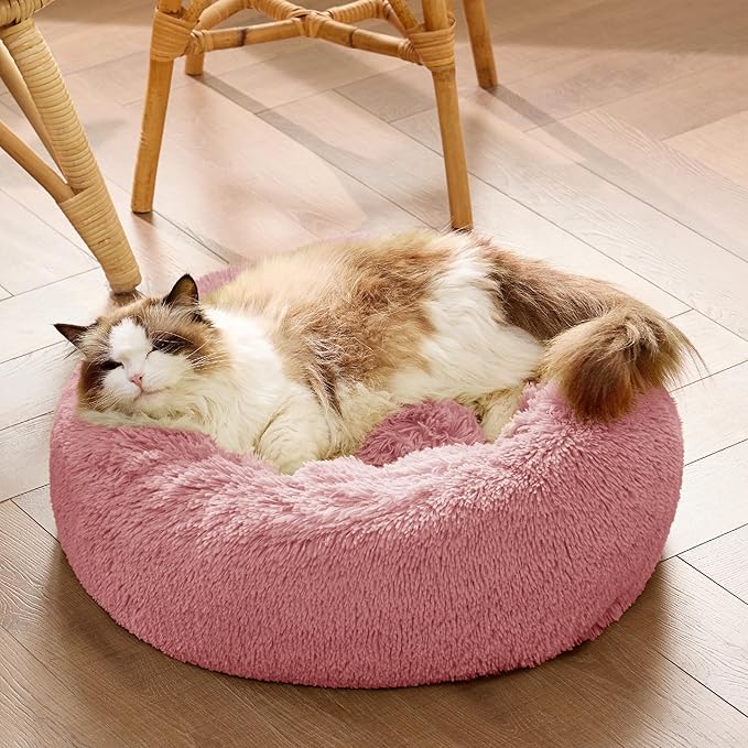 Bedsure Calming Cat Beds for Indoor Cats - Small Cat Bed Washable 20 inches, Anti-Slip Round Fluffy Plush Faux Fur Pet Bed, Fits up to 15 lbs Pets, Mauve Blush