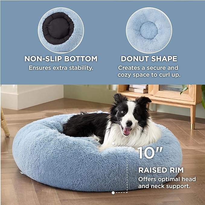 Bedsure Calming Dog Bed for Large Dogs - Donut Washable Large Pet Bed, Anti-Slip Round Fluffy Plush Faux Fur Dog Bed, Fits up to 100 lbs Pets, Blue, 36 inches