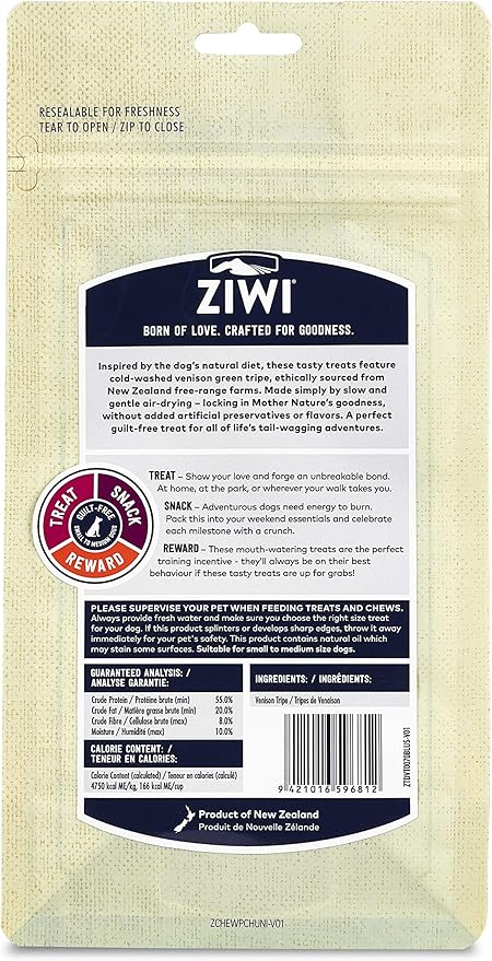 ZIWI Dog Chews Treats – All Natural, Air-Dried, Single Protein, Grain-Free, High-Value Treat, Snack, Reward (Venison Green Tripe) 2.4 Ounce (Pack of 1)