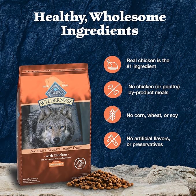 Blue Buffalo Wilderness Large Breed Adult Dry Dog Food With Real Chicken Plus Wholesome Grains, High-Protein Recipe, Made in the USA with Natural Ingredients, Chicken, 24-lb. Bag