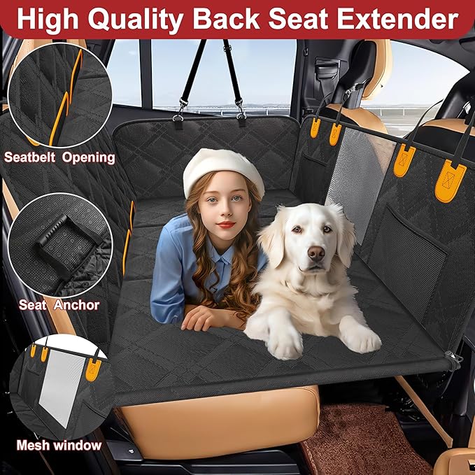 Back Seat Extender for Dogs, Dog Car Seat Cover Hard Bottom, Pet Seat Cover with Mesh Window, Dog Seat Covers for Car Travel Camping, Dog Hammock for Car, Truck, Dog Trunk Cover for SUV