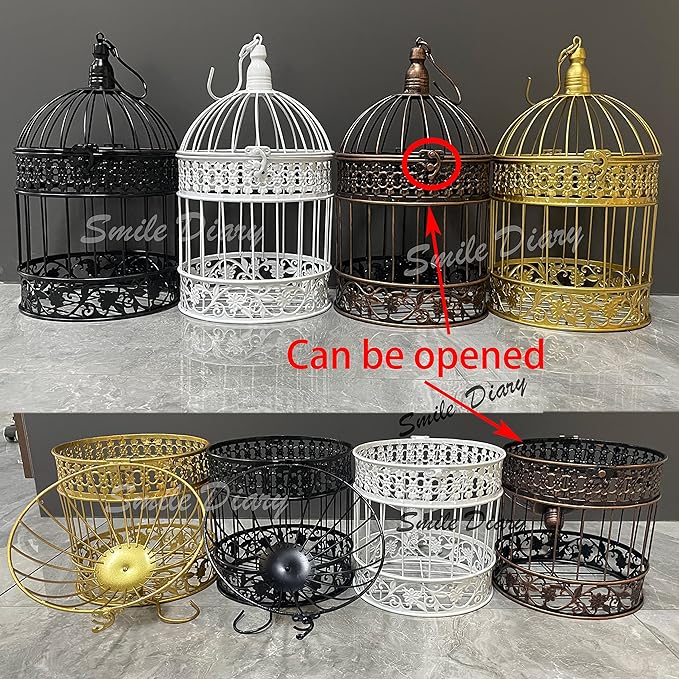 Round Birdcages Vintage Decorative Iron Bird cage Wedding Decor Flower cage Decor Props Hanging Flower Frame Bird cage decorCenterpieces Small Birds Wedding Party Indoor Ourdoor Decoration (White)