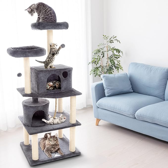 PETMAKER 5-Tier Ultimate Cat Condo Tower - 8 Scratching Posts, 2 Padded Perches, 2 Kitty Huts, and 3 Hanging Toys for Multiple Cats