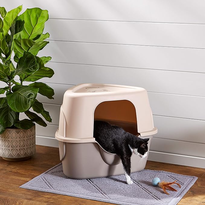 Amazon Basics No-Mess Hooded Corner Cat Litter Box, Triangle, Charcoal, 26 in x 20 in x 23 in