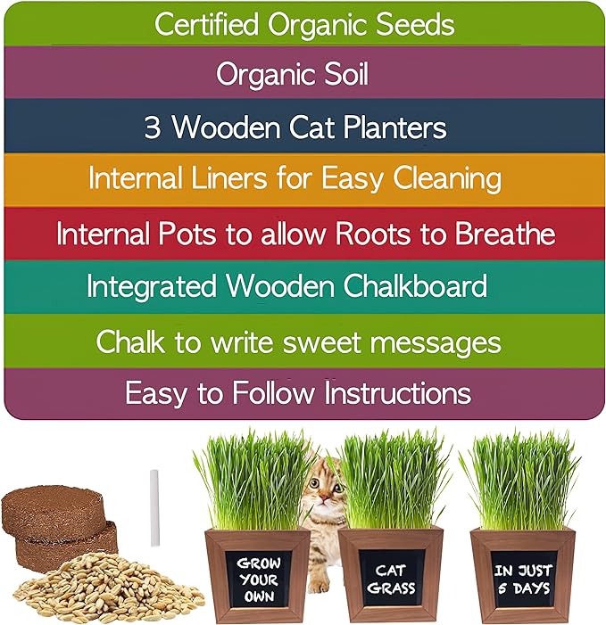 Organic Indoor Cat Grass Kit - 3 Wooden Planters, Certified Seeds, and Premium Soil for Happy Cats. Delight Your Feline Friends with The Ultimate Cat Grass Experience! Ideal Gift for Cat Lovers.
