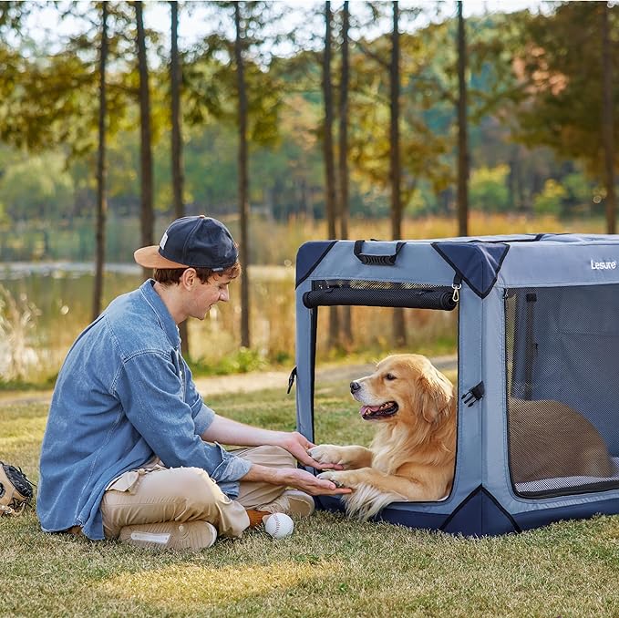 Lesure Collapsible Dog Crate - Portable Dog Travel Crate Kennel for Extra Large Dog, 4-Door Pet Crate with Durable Mesh Windows, Indoor & Outdoor (Blue)