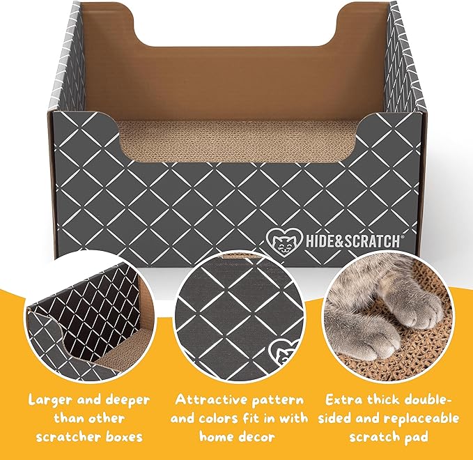 Hide & Scratch: Extra-Large Heavy Duty Cardboard Cat Scratcher and Lounger Box with Refillable Scratch Pad (Dark Grey 4PC)