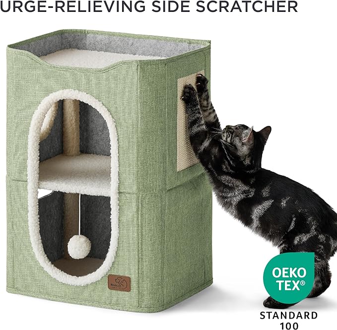 Bedsure 2-Level Cat House for Indoor Cats - Small Cat Towers with Scratch Pad and Hideaway Condo, Cat Cave Bed Furniture for Multi Pets and Large Cats, 18x14x23 inches, Green