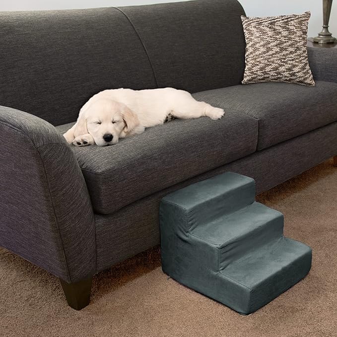 3-Step Pet Stairs - Nonslip Foam Dog and Cat Steps with Removable Zippered Microfiber Cover - Designed for Home or Vehicle Use by PETMAKER (Gray)