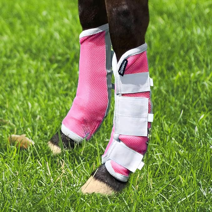 Harrison Howard Horse Fly Boots Leg Guards Fly Boots Protection Set of 4 Magenta Large Full Size