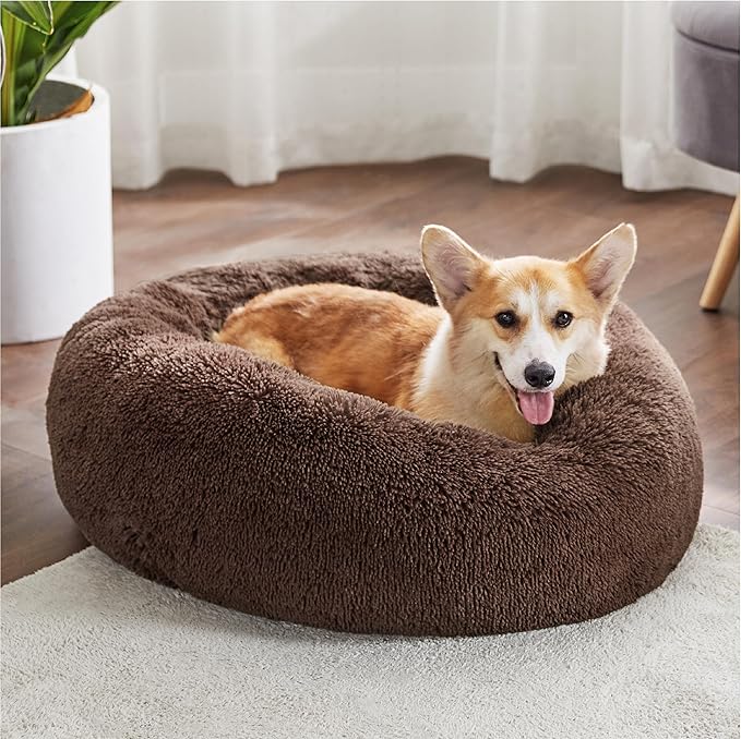 Bedsure Calming Dog Bed for Medium Dogs - Donut Washable Medium Pet Bed, 30 inches Anti-Slip Round Fluffy Plush Faux Fur Cat Bed, Fits up to 45 lbs Pets, Coffee