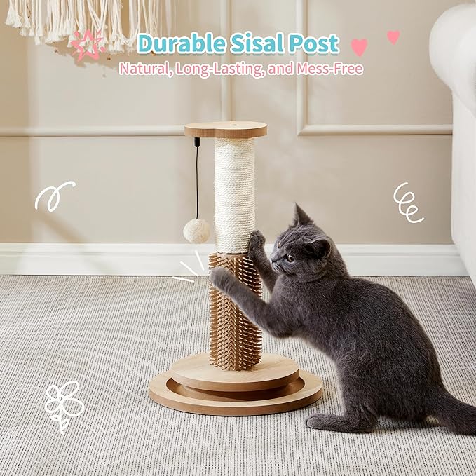 Made4Pets Cat Scratching Post 18" Tall for Small Kittens, 4-in-1 Cat Scratcher with Natural Sisal Ropes, Wooden Turntable Track Toy with Self Grooming Brush, Premium Scratch Pole with Plush Balls