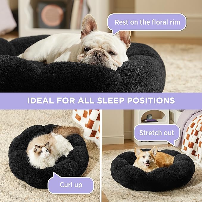 Lesure Calming Cat Beds for Indoor Cats - Cute Flower Pet Beds in Teddy Sherpa Plush, Donut Round Fluffy Puppy Bed, Non-Slip Extra Small Dog Bed Fits up to 15 lbs, Machine Washable, Black 20"