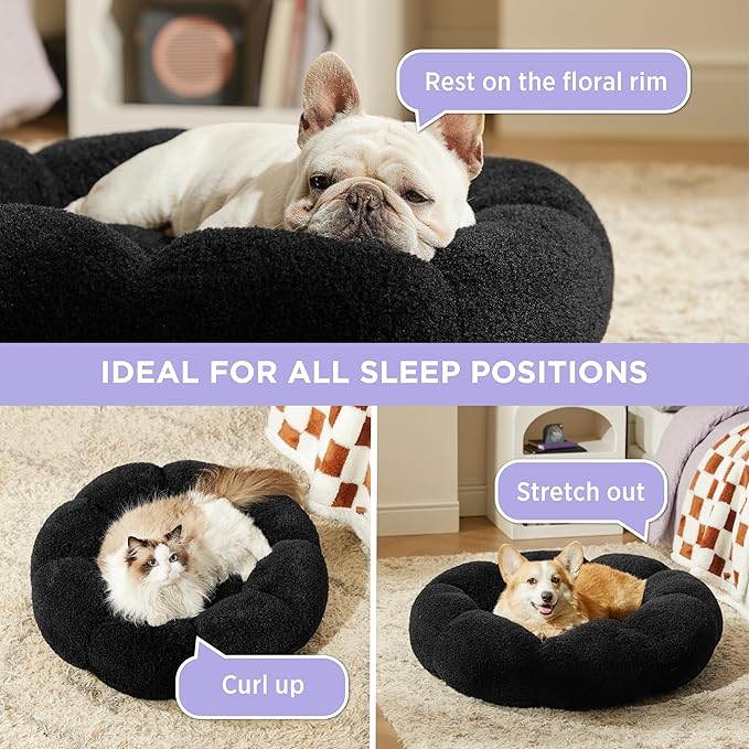 Lesure Calming Large Dog Bed - Flower Donut Round Fluffy Puppy Bed in Plush Teddy Sherpa, Non-Slip Cute Flower Dog Beds, Large Pet Bed Fits up to 100 lbs, Machine Washable, Black 36"