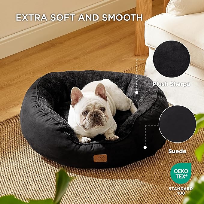 Bedsure Dog Bed for Medium Dogs - Round Washable Medium Pet Bed, Anti-Slip Donut Fluffy Plush Indoor Fur Cat Bed, 30 inches, Black