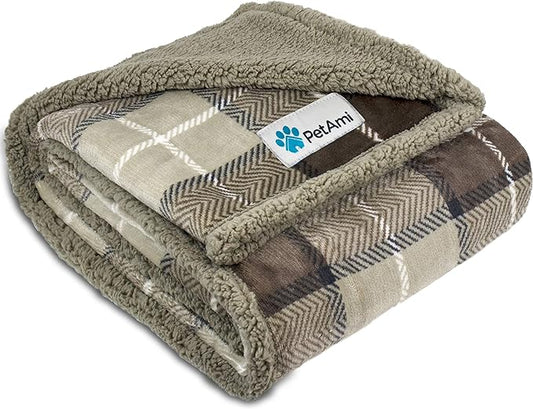 PetAmi Waterproof Dog Blanket for Small Medium Dog, Pet Puppy Blanket Couch Cover Protection, Sherpa Fleece Cat Blanket Couch Sofa Bed Furniture Protector Reversible Soft Washable 29x40 Plaid Taupe