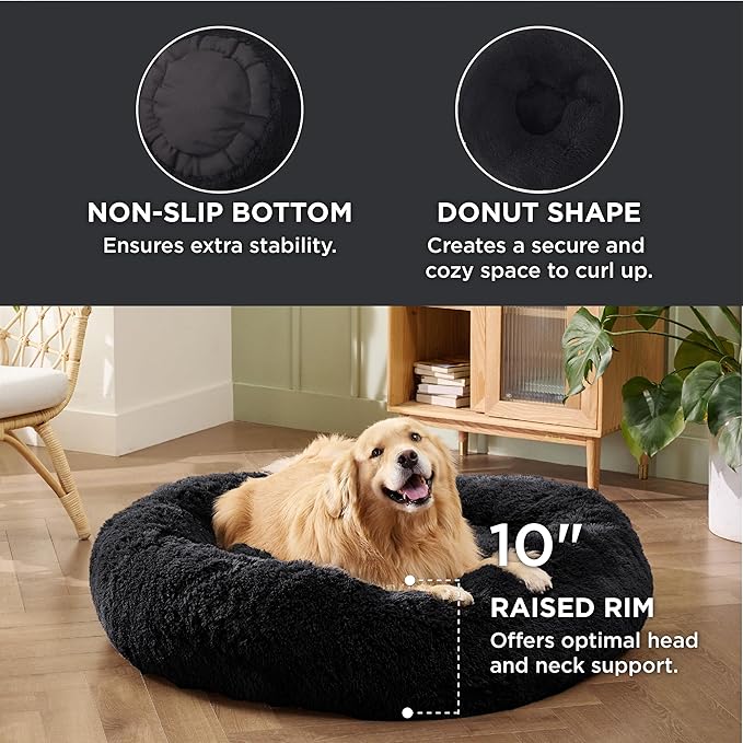 Bedsure Calming Dog Bed for Extra Large Dogs - Donut Washable Large Pet Bed, 45 inches Anti-Slip Round Fluffy Plush Faux Fur Dog Bed, Fits up to 125 lbs Pets, Black