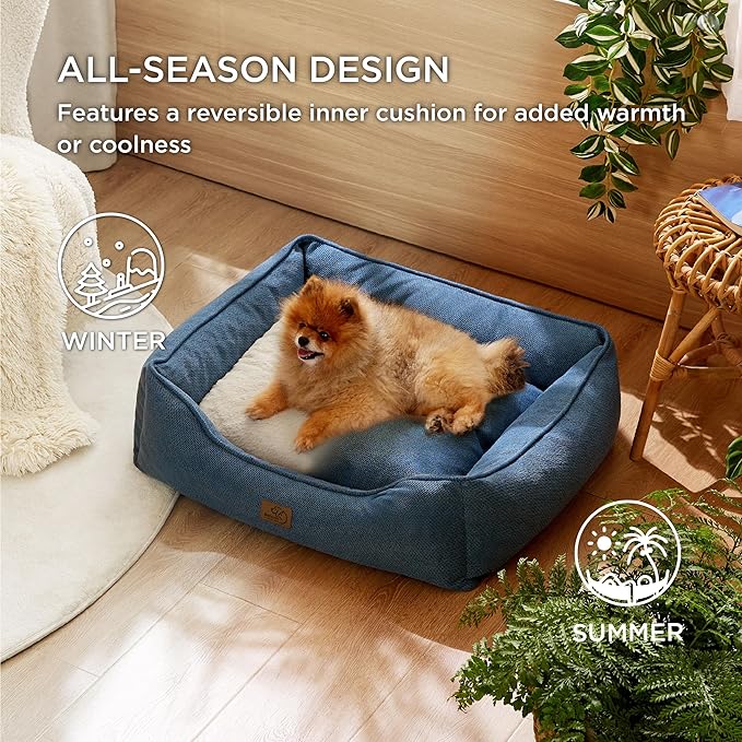 Bedsure Washable Dog Bed for Small Dogs - Waterproof All-Season Foam Puppy Beds, Orthopedic Rectangle Cuddle Indoor Cat Beds with Removable Zipper Cover, 25x21x8inches, Blue