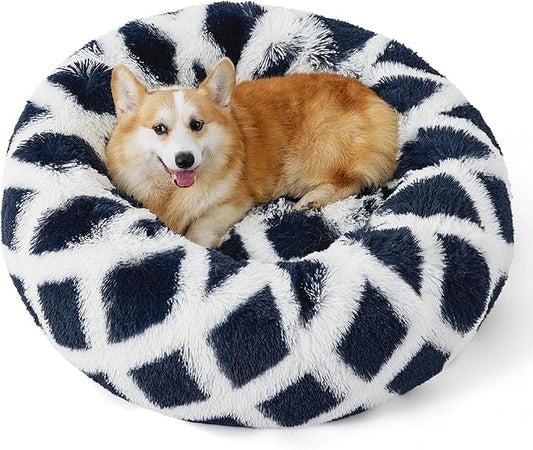 Bedsure Calming Dog Bed for Medium Dogs - Donut Washable Medium Pet Bed, 30 inches Anti-Slip Round Fluffy Plush Faux Fur Cat Bed, Fits up to 45 lbs Pets, Diamond Blue