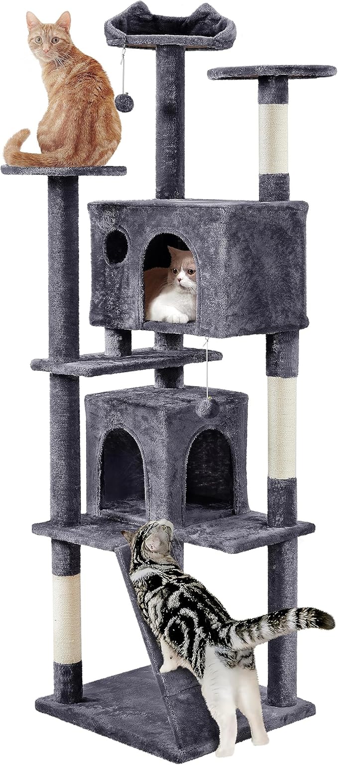 Yaheetech XL Cat Tree, 80in Multi-Level Cat Tower with Cat Scratching Posts, Double Cat Caves, Perched Platforms and Dangling Balls, Cat Stand House for Kittens Pet, Dark Gray