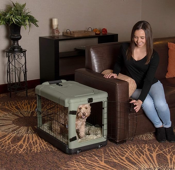 Pet Gear “The Other Door” 4 Door Steel Crate with Plush Bed + Travel Bag for Cats/Dogs, Sage, 27 Inch, (PG5927BSG)